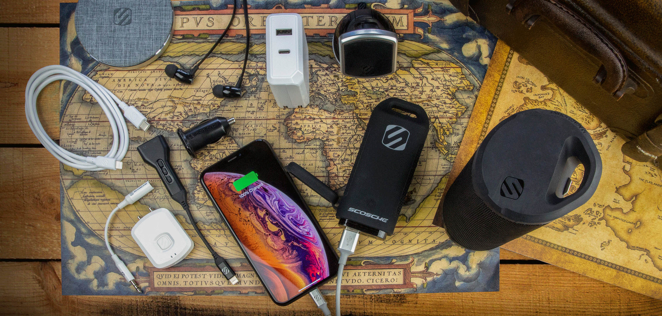 variety of Scosche products on world map - charging cables, mnounts, chargers, power banks, and portable speaker
