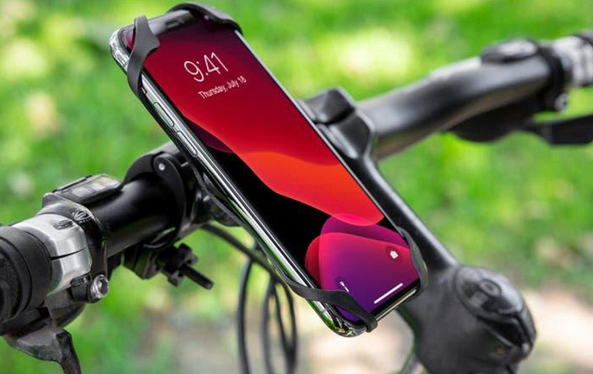 iphone in bike mount holder on handlebars