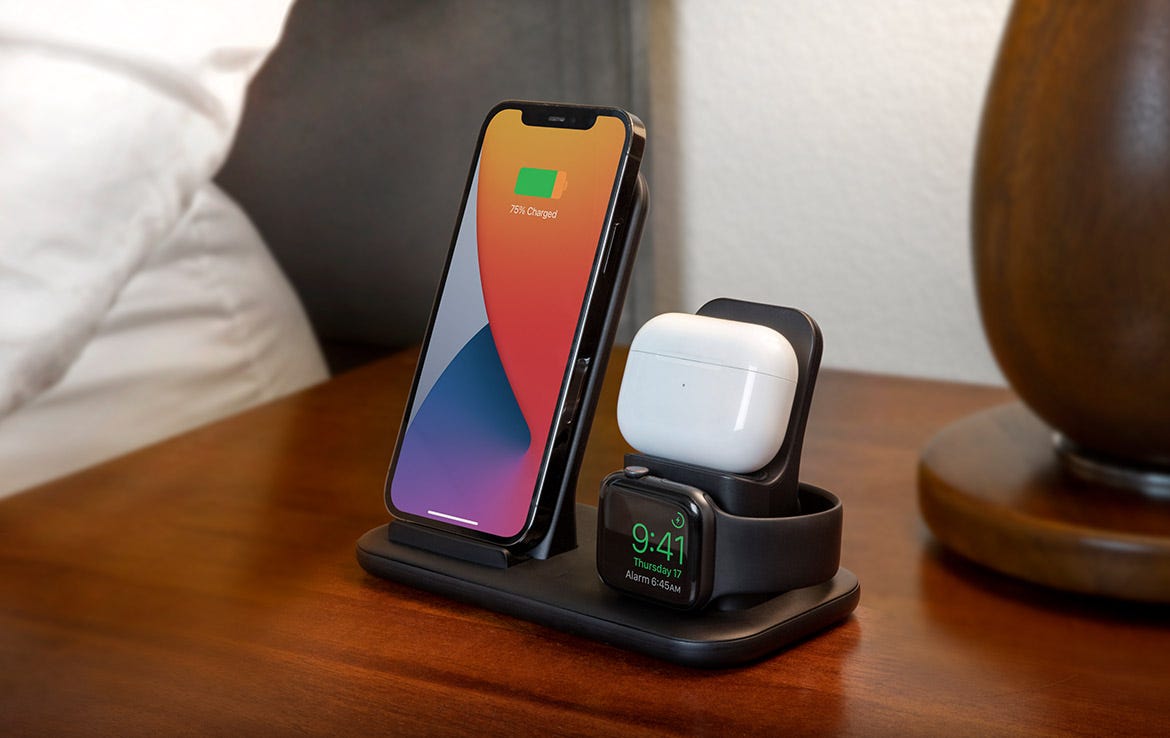iphone, Airpods and apple watch on nightstand charging via Scosche wireless charging stand