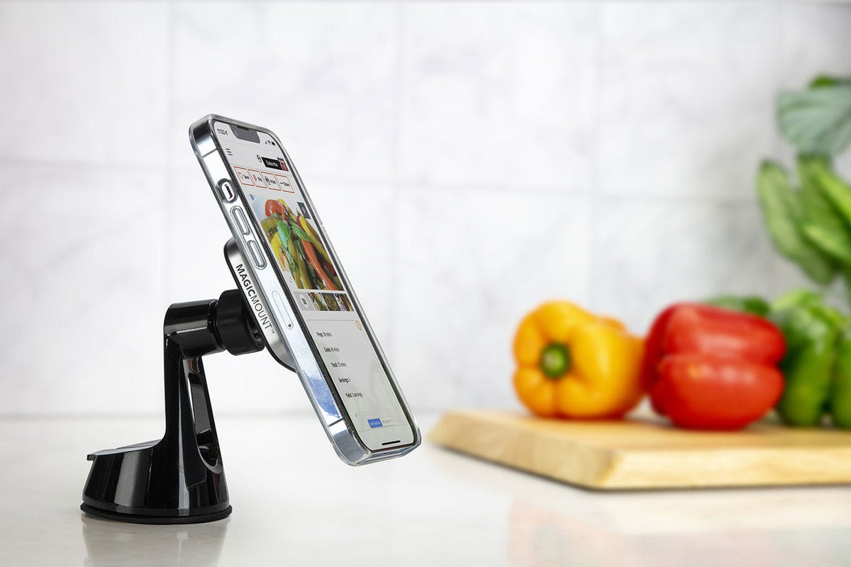 iphone mounted to kitchen countertop via Scosche dash mount