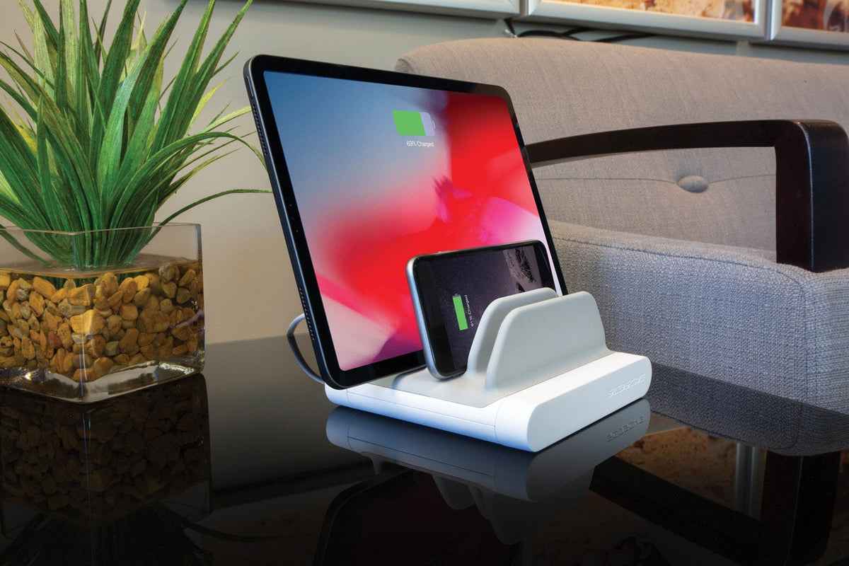 ipad and iphone charging via Scosche wireless charging pad with vertical slots