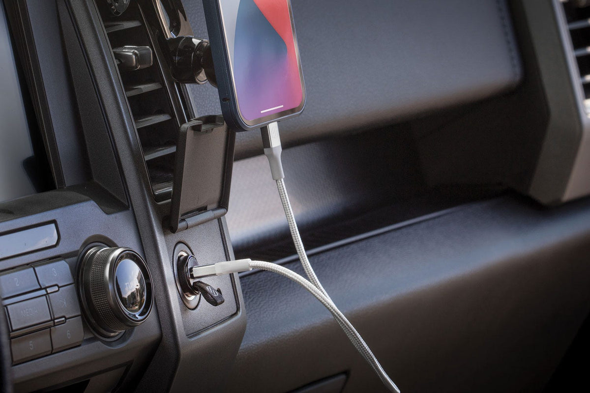 iphone charging via Scosche braided cable plugged into 12V socket car charger