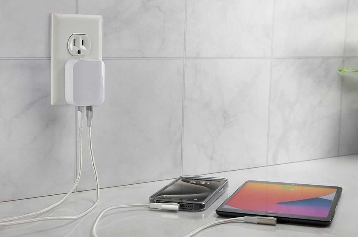 ipad and iphone charging via Scosche right angle braided cables plugged into dual port wall charger