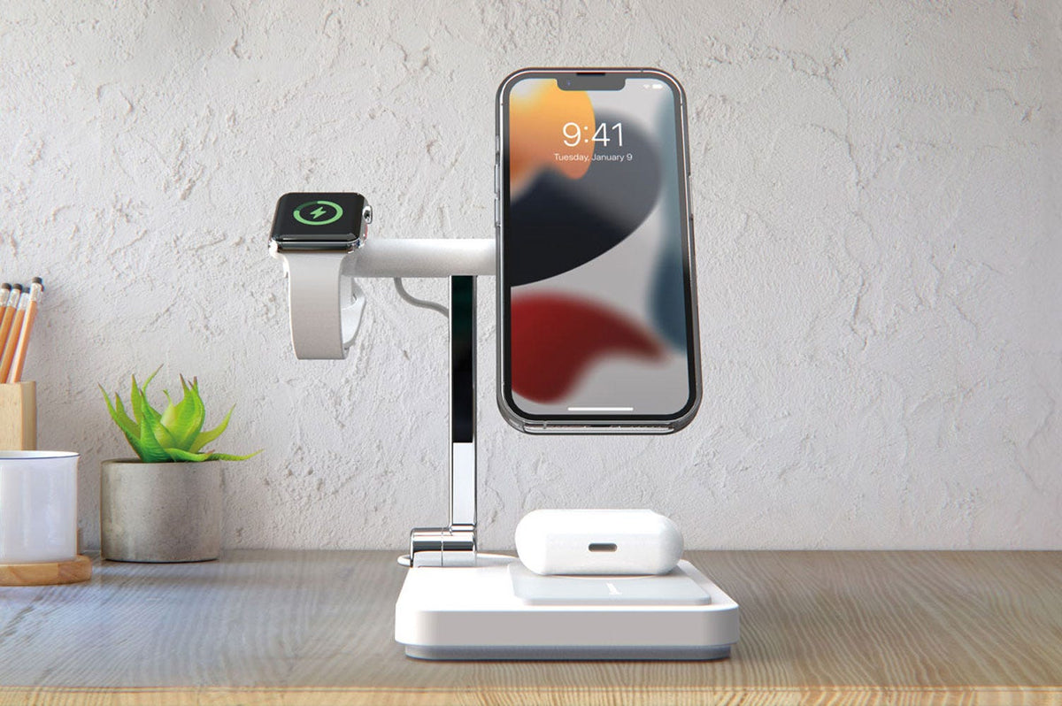 iphone, Airpods, and Apple Watch charging on table via Scosche portable wireless charging stand
