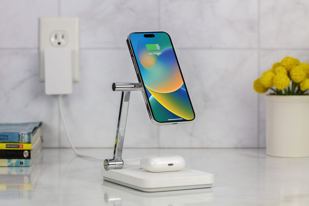 iphone and Airpods charging via Scosche MagSafe wireless charging stand on countertop