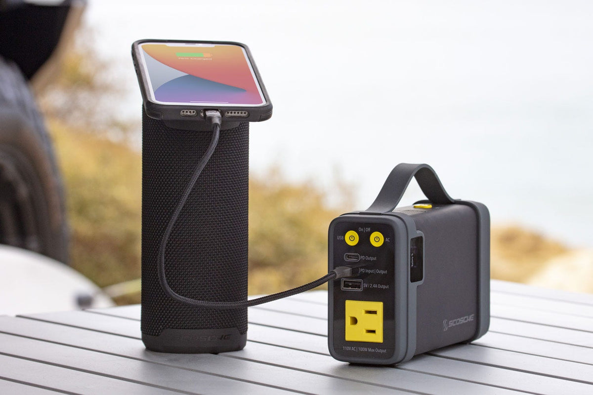 iphone charging via portable power station while mounted to MagSafe wireless bluetooth speaker