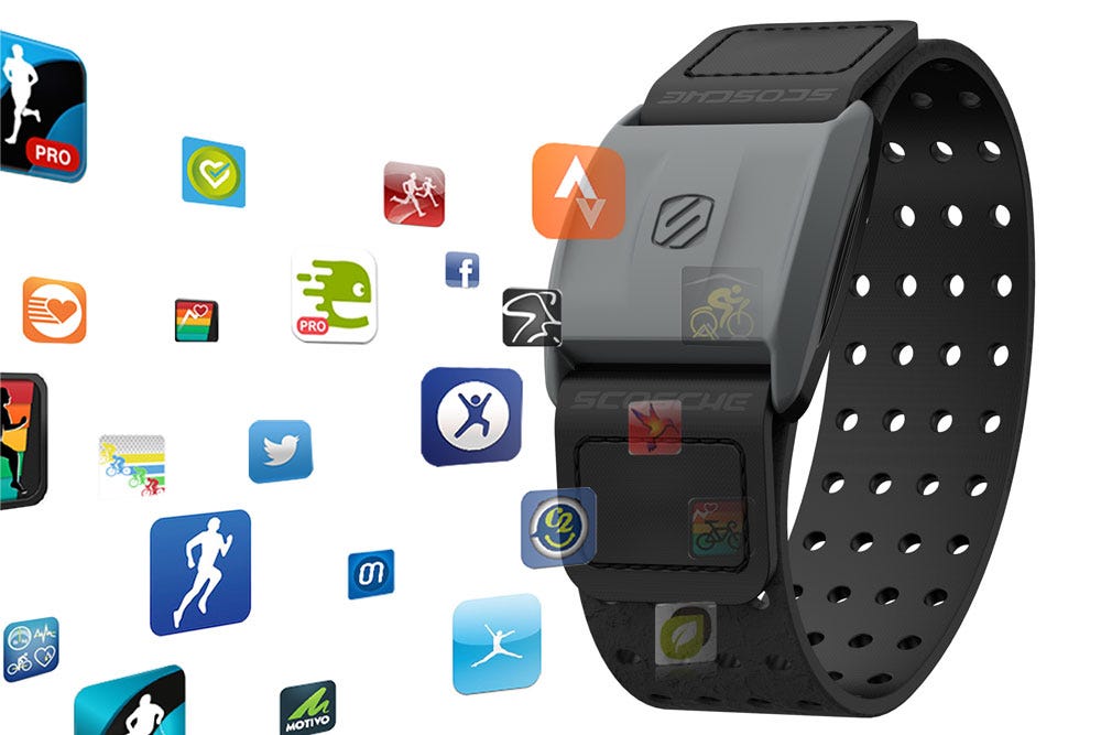 Scosche heart rate monitor with logos for compatible apps