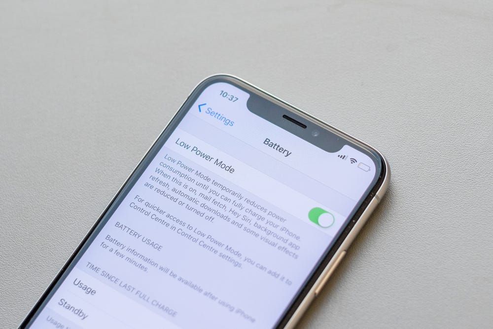 iphone screen showing Settings for Battery with Low power mode turned on