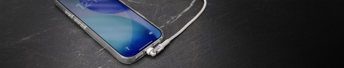 Pivoting USB-C Cable plugged into an iPhone on a gray countertop