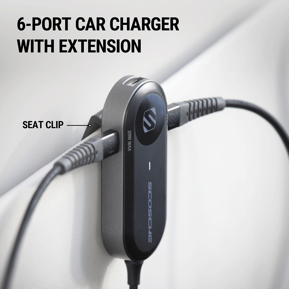 6 port car charger with extension features seat clip.