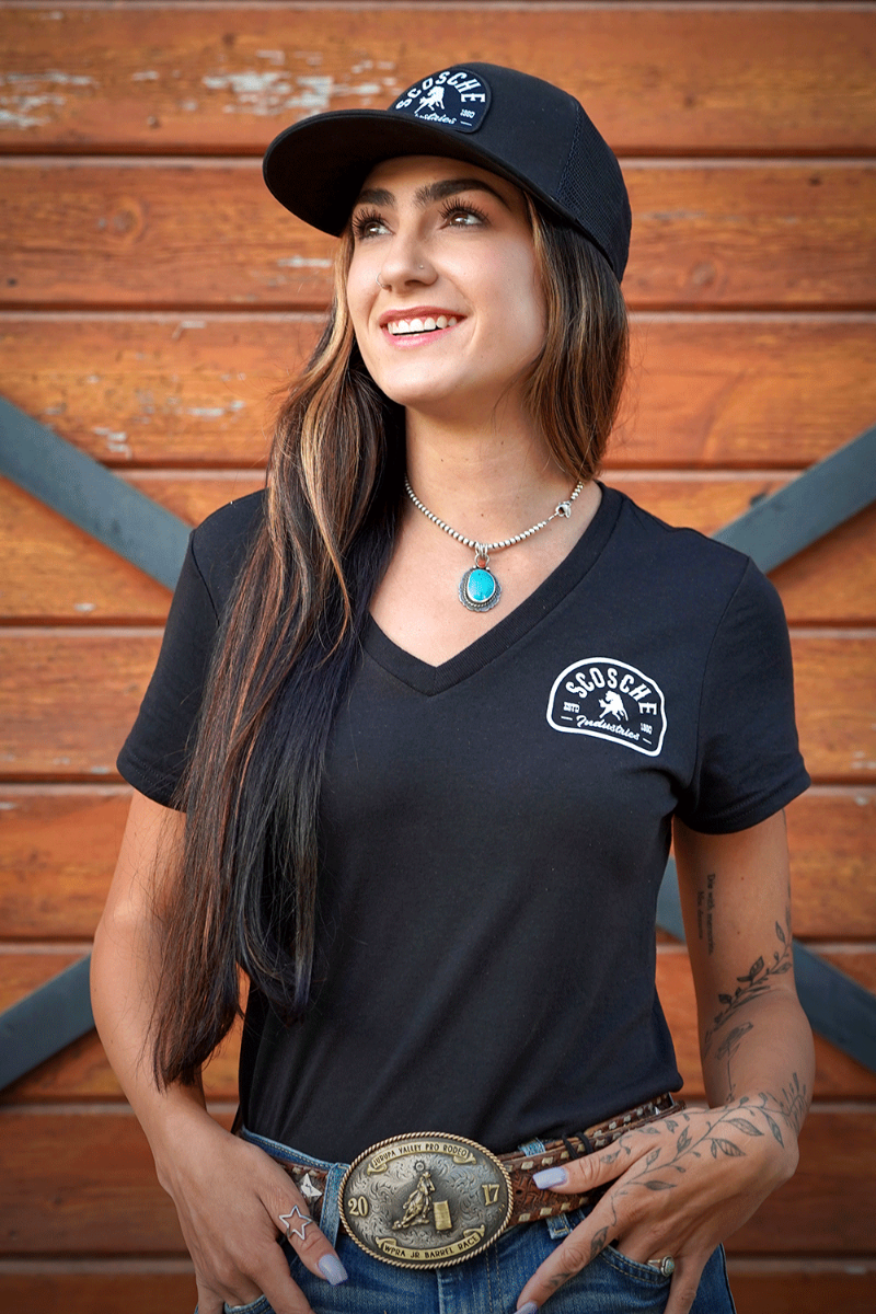 Woman wearing Scosche Ladies' Tee with Bronco Logo