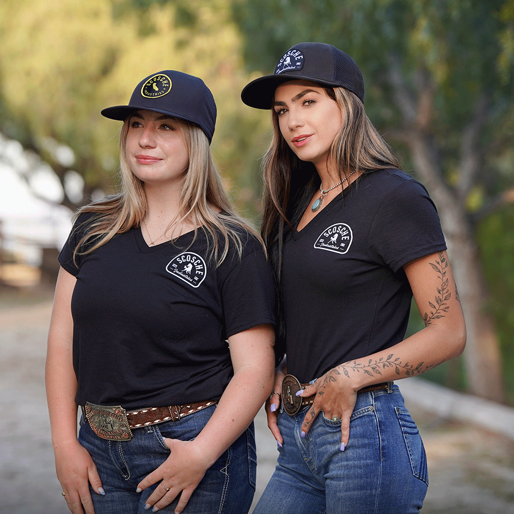 Two women wearing Scosche Ladies' Tee with Bronco Logo