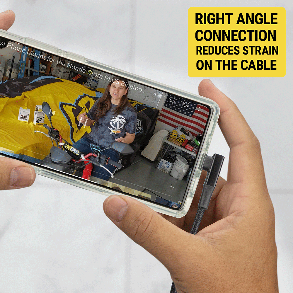 Right Angle connection reduces strain on the cable