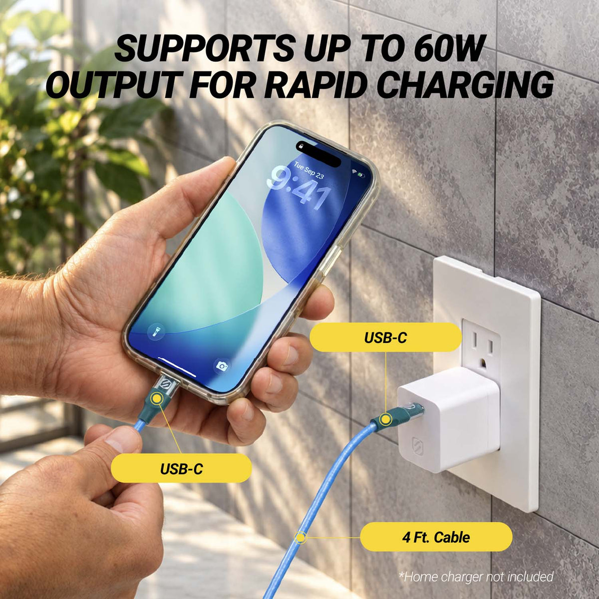 Suports up to 60W charging. USB-C. 4-Ft. cable. Home charger not included.