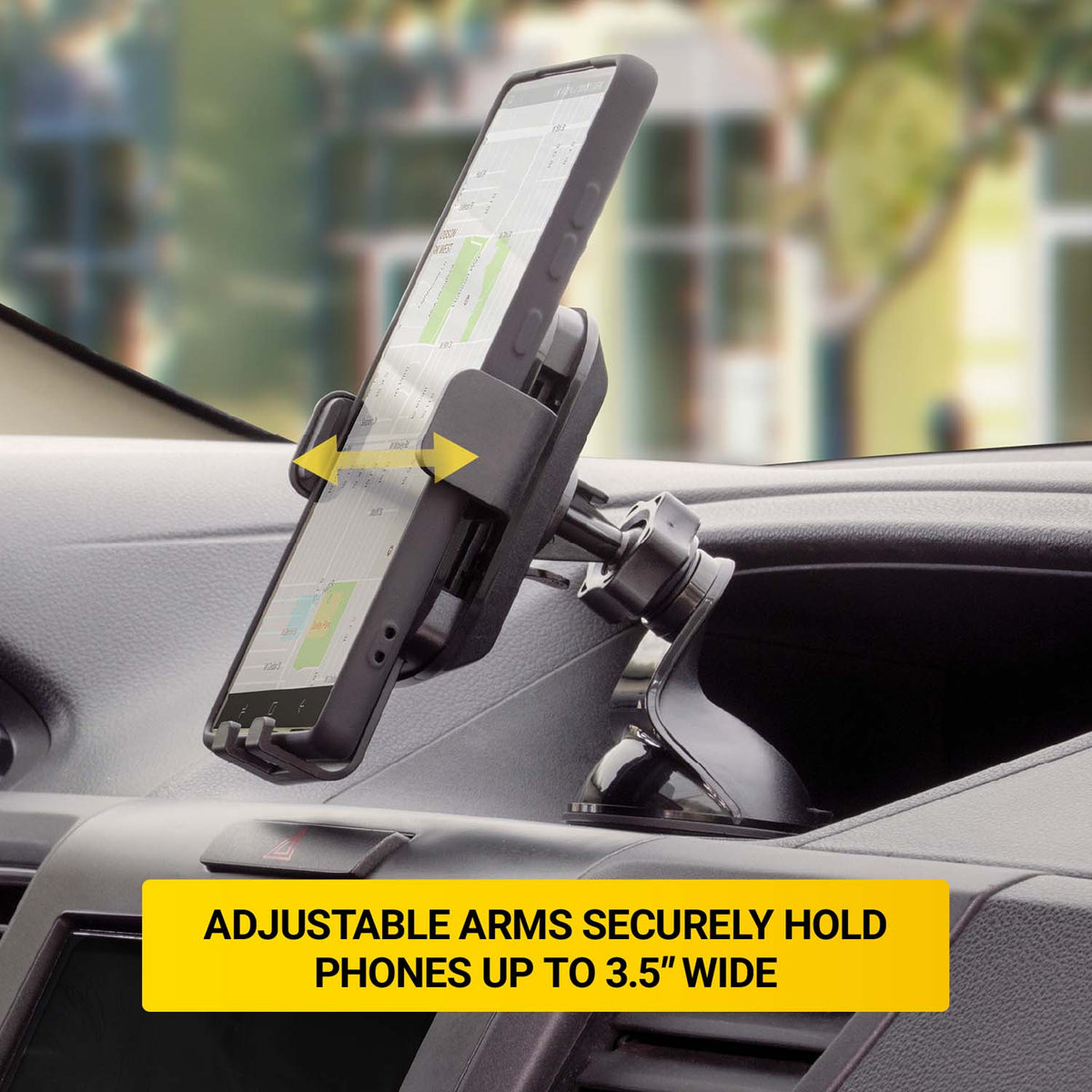 Adjustable arms securely hold phones up to 3.4" wide