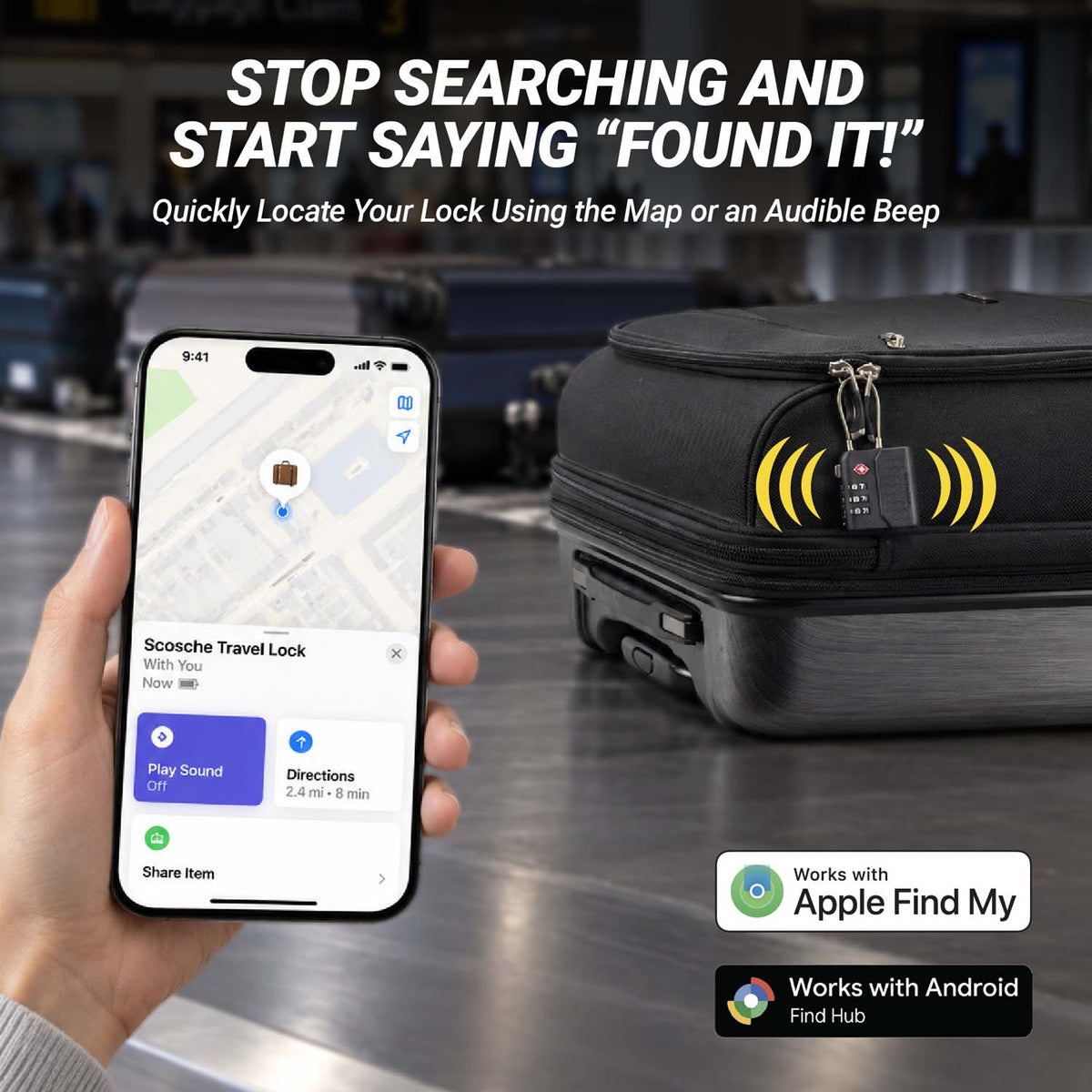 Stop searching and start saying "Found It!". Quickly locate your lock using the map or an audible beep. Works with Apply Find My. Works with Android Find Hub.