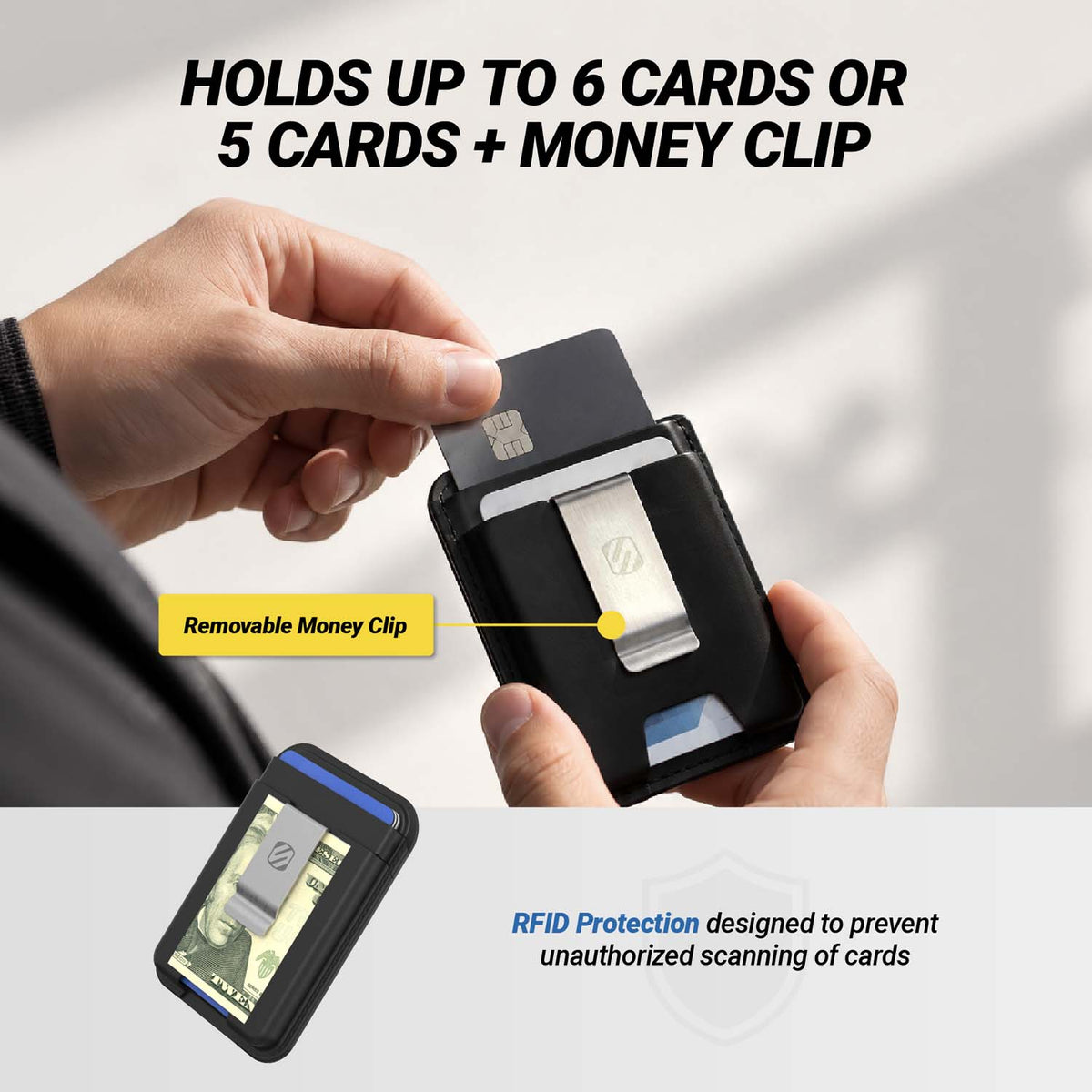 Holds up to 6 cards or 5 cards and money clip. Removeable money clip. RFID protection designed to prevent unauthorized scanning or cards.