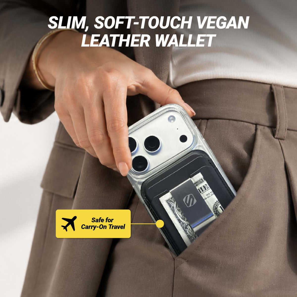 Slim soft-touch vegan leather wallet. Safe for carry-on travel,