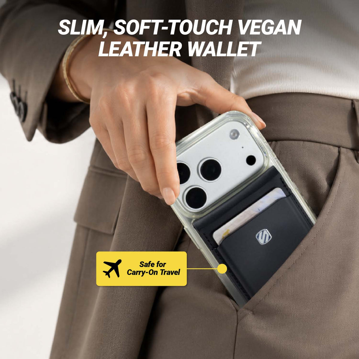 Slim, soft-touch vegan leather wallet. Safe for carry-on travel.