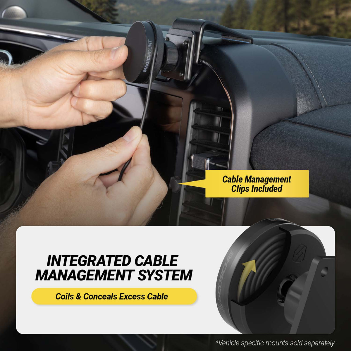 Cable management clips included. Integrated cable management system. Coil and conceals excess cable, (vehicle specific mount sold separately.