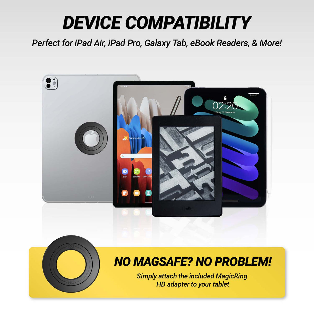 Device compatibility. Perfect for iPad Air, iPad Pro, Galaxy Tab, eBook Readers and more. Mo MagSafe? No Problem. Simply attach the included MagicRing HD adapter to your tablet.