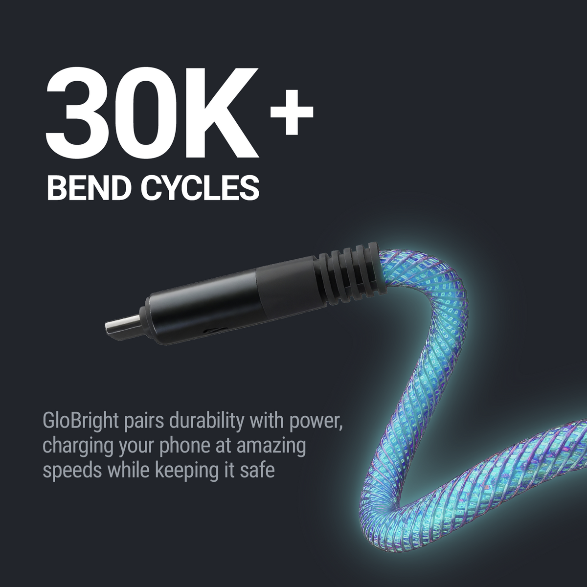 30K+ Bend Cycles. GloBright pairs durability with power, charging your phone at amazing speeds while keeping it safe.