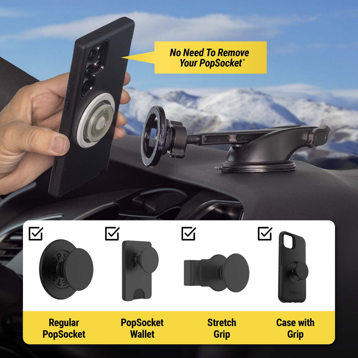 No need to remove your PopSockset. Works with Regular PopSocket, PopSocket Wallet, Stretch Grip, Case with grip