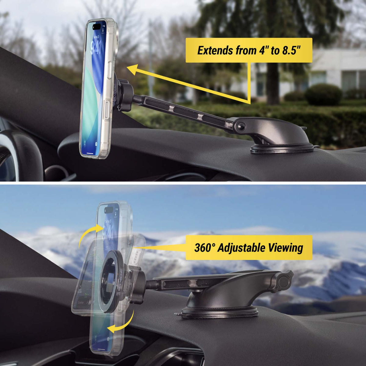 Extends from 4" to 8.5". 360 degree adjustable viewing,