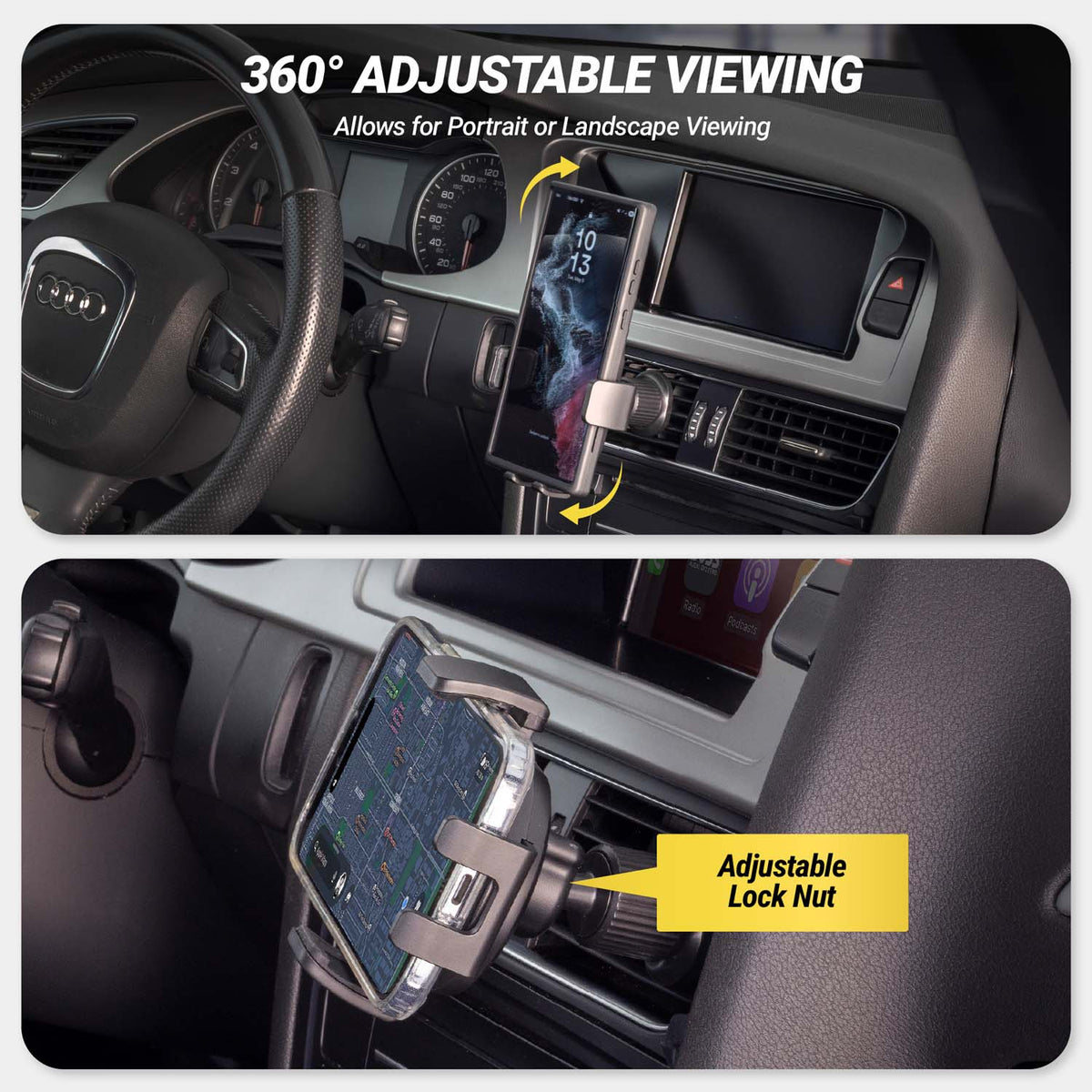 360 degree adjustable viewing allows for portrait of landscape viewing. Adjustable lock nut.