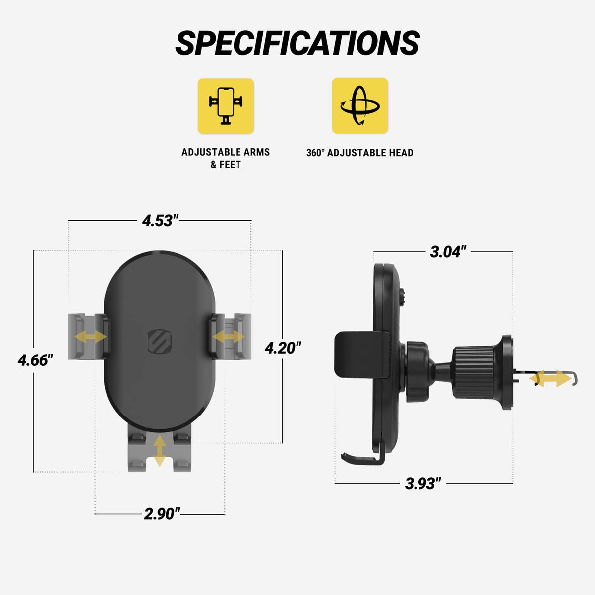 Specifications. Adjustable arms and feet. 360 degree adjustqble head. Head measures 4.20" x 2.90" with arms in, 4.53" x 4.53" with arms extended. Mount depth is 3.04" to 3.93"