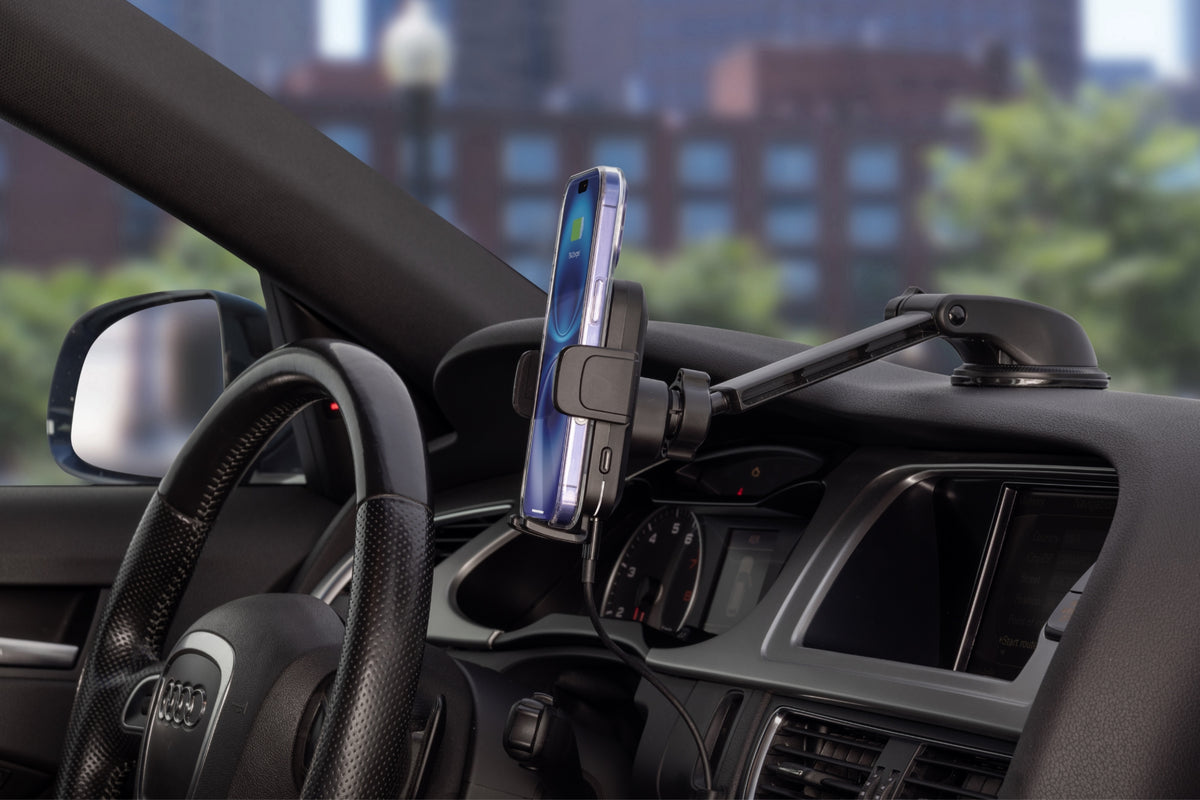 Image of a phone help by a phone mount inside a vehicle