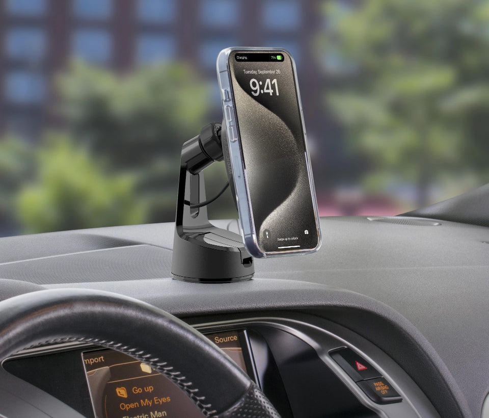 Image of an iPhone on a MagicMount Charge window/dash mount inside a vehicle