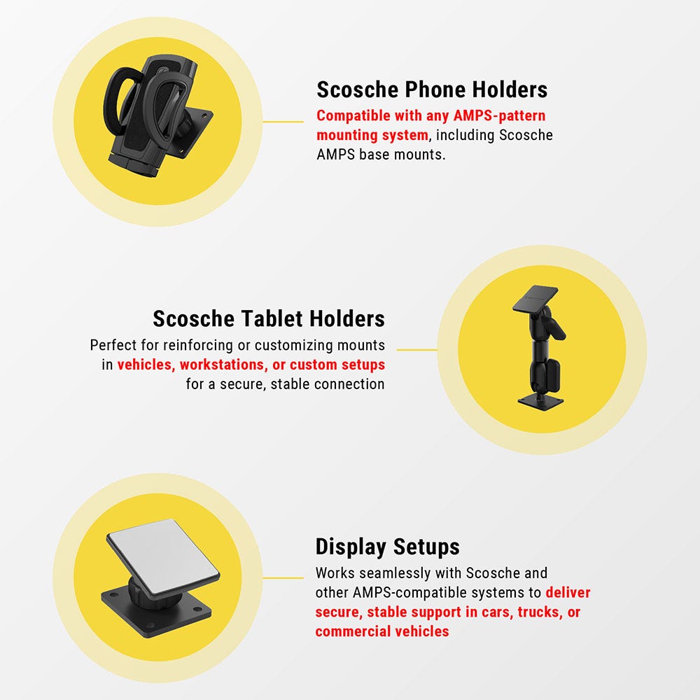 Scosche phone holders compatible with any AMPS base mounts. Soshe tablet holders perfect for reinforcing or cstomizing mounts. Display setup works seamlessly with Scosche and other AMPS systems