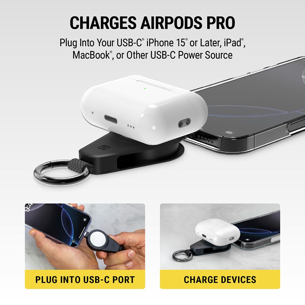 Charges AirPords Pro. Plug into your USB-C iPhone 15 or Later iPad MacBook or other USB-C power source. Plug into USB-C port. Charge devices.