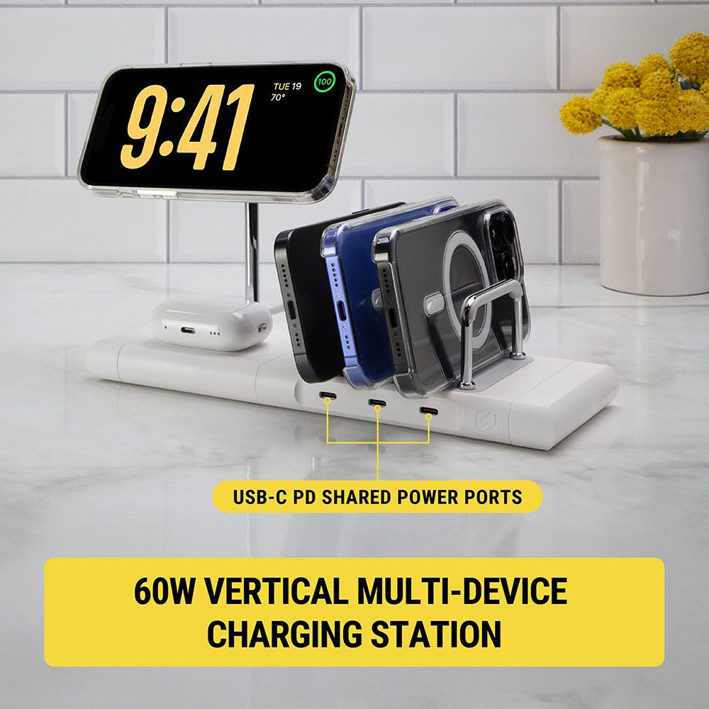 60W vertical multi-device charging station. USB-C shared power ports.