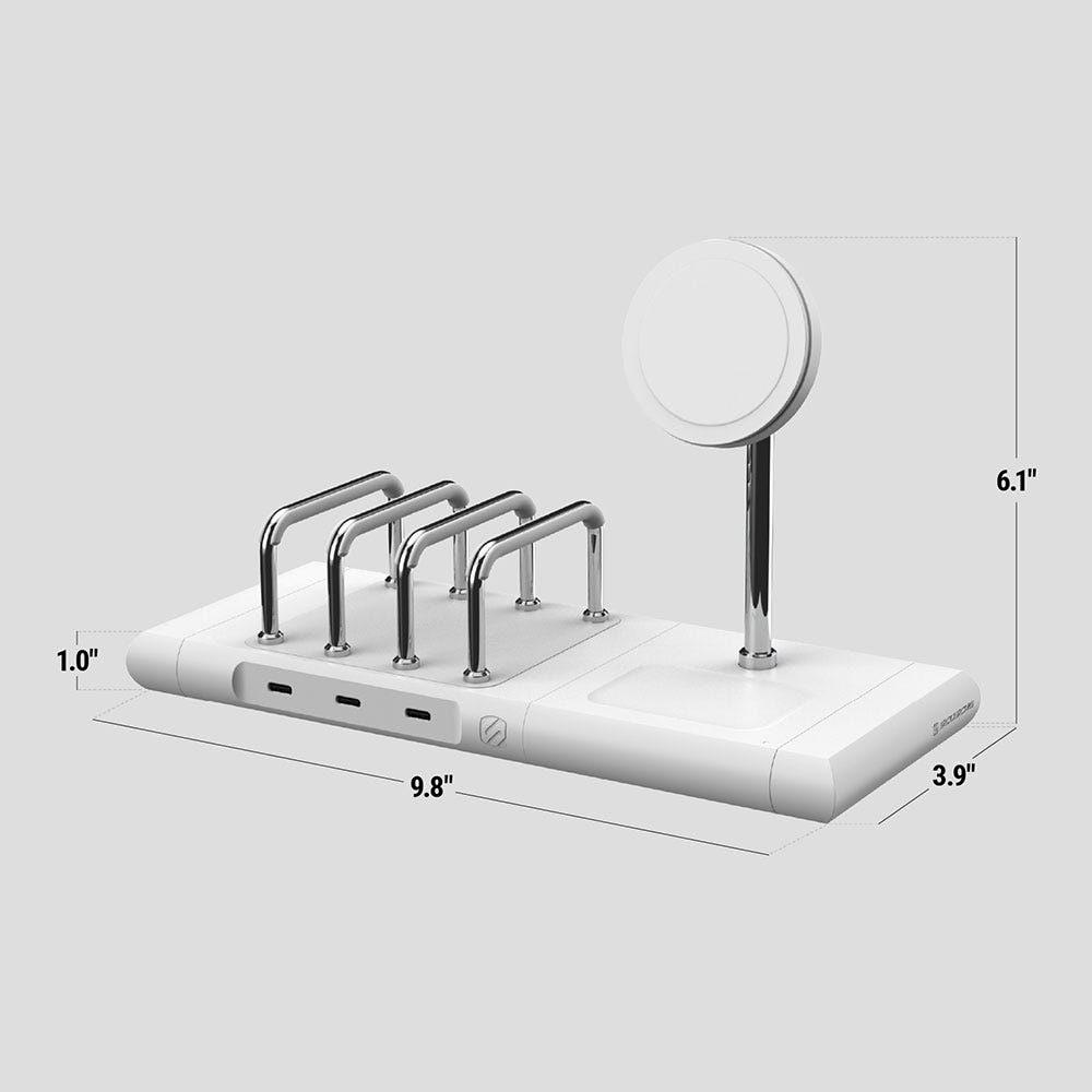 Base measures 9.8 x 3.9 x 1 inches. Charging stand measures 6.1 inches tall.