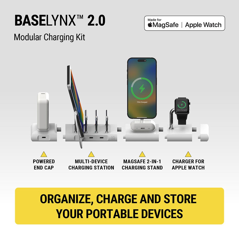 BaseLynx 2.0 Modular charging kit. Made for MagSafe Apple Watch. Powered End cap multi-device charging station MagSafe 2-in-1 charging stand charger for apple watch. Organize charge and store your portable devices.