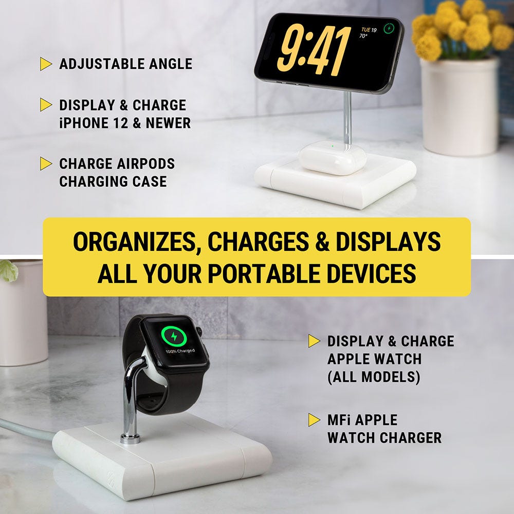 Organizes charges and displays all your portable devices. Adjustable angle. Display and charge iPhone 12 and newer. Charge Airpods charging case. Display and charge apple watch. MFi apple watch charger.