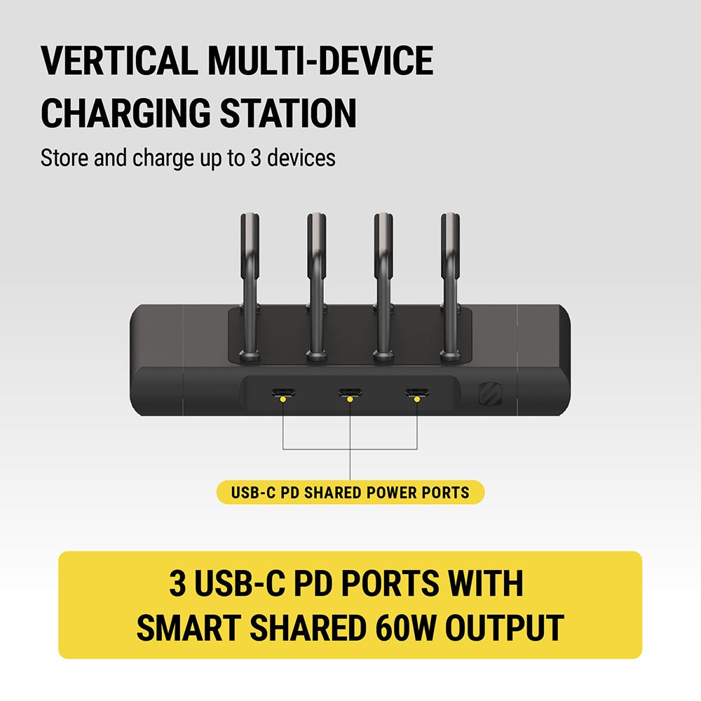 Vertical Multi-device charging station - store and charge up to 3 devices. USB-C PD shared power ports. 3 USB-C PD ports with smart shared 60W output