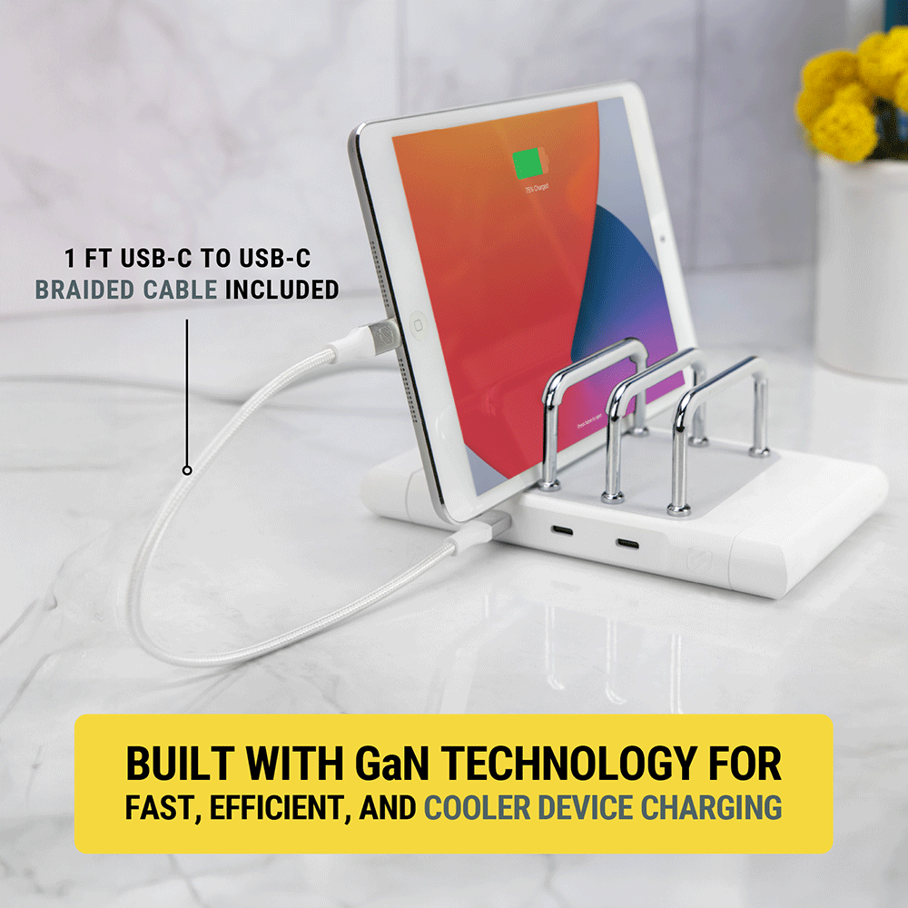 1 foot USB-C to USB-C braided cable included. Built with GaN technology for fast efficient and cooler device charging