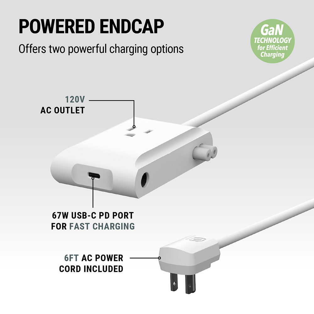Powered EndCap. GaN technology for efficient charging. 120V AC outlet. 67W USB-C PD port for fast charging 6 ft. power cord included.