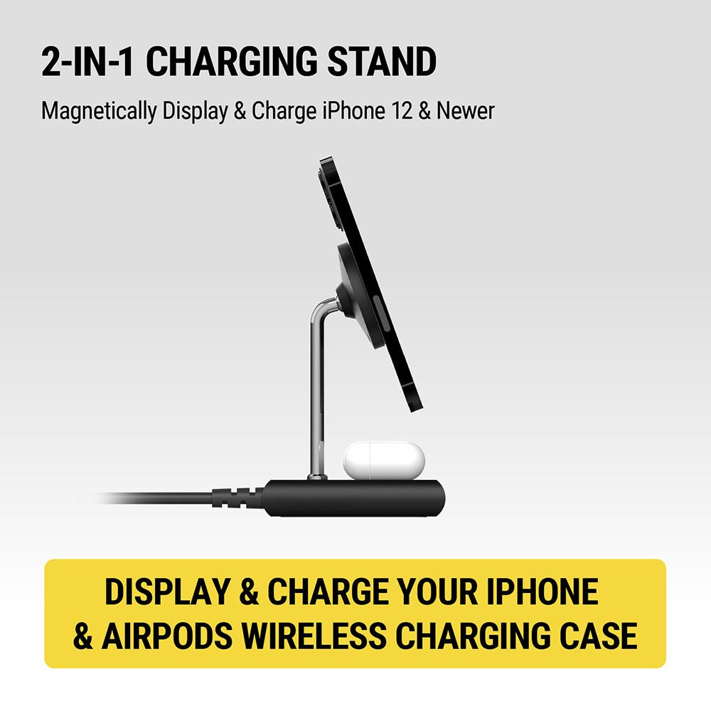 2-in-1 charging stand. Magnetically display and charge iPhone 12 and newer. Display and charge your iphone and airpods wireless charging case