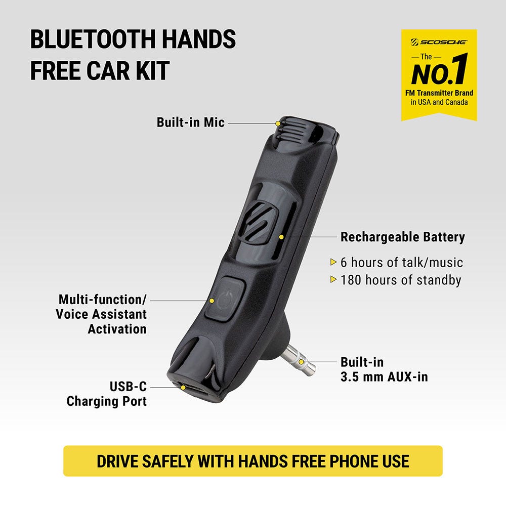 Bluetooth hands free car kit. Built in mic multi-function/voice assistant activation rechargeable battery (6 hrs talk/music 189 hours of standy) built in 3.5 mm AUX-in USB-C charging port. Drive safely with hands-free phone use.