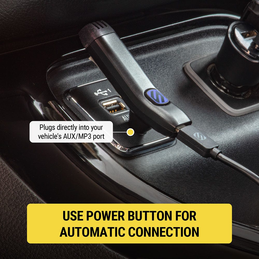 Plugs directly into your vehicle's AUX/MP3 port. Use power button for automatic connection