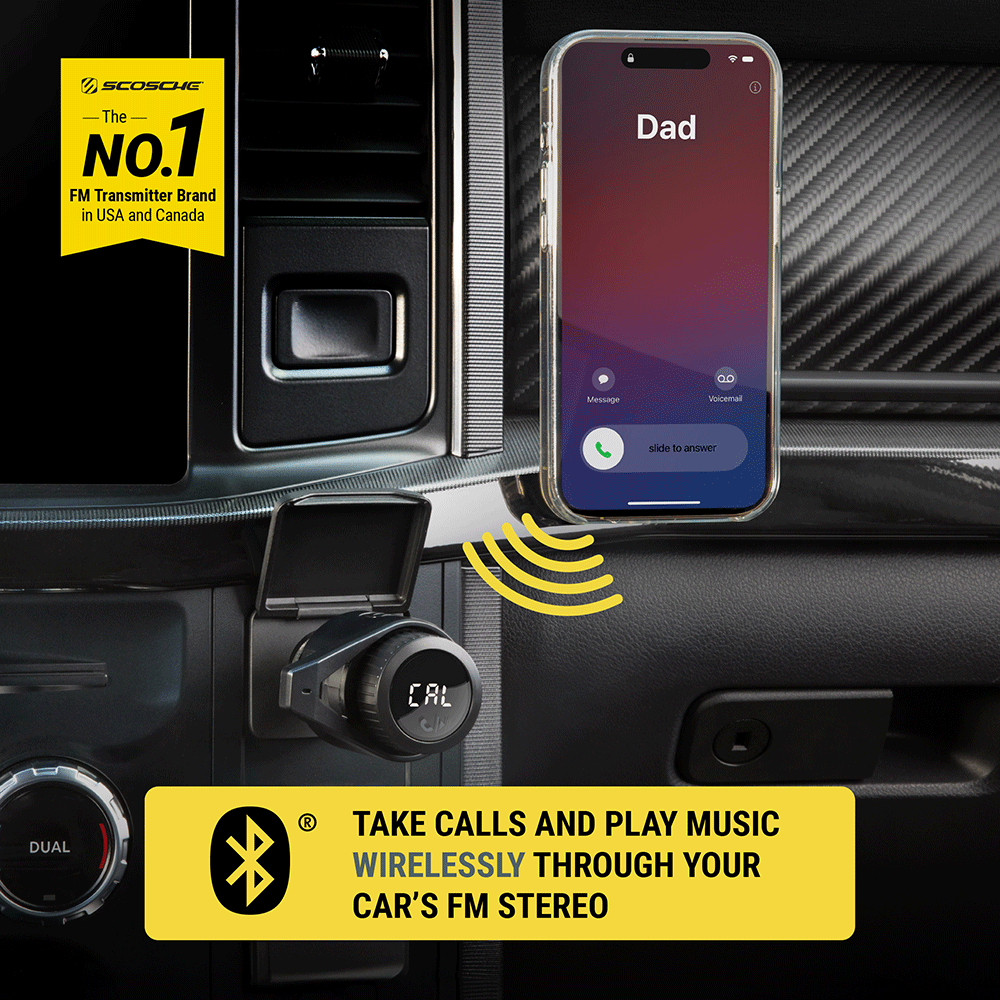 Scosche is the number 1 FM transmitter brand in the USA and Canada. Take calls and play music wirelessly through your car's FM stereo.