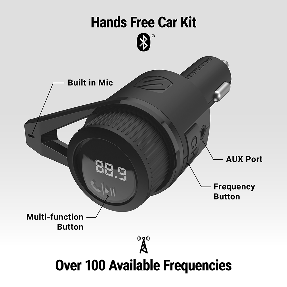 Hands Free Car Kit. Over 100 available frequencies. Built in Mic. Aux port. Frequency button. Multi-function button.