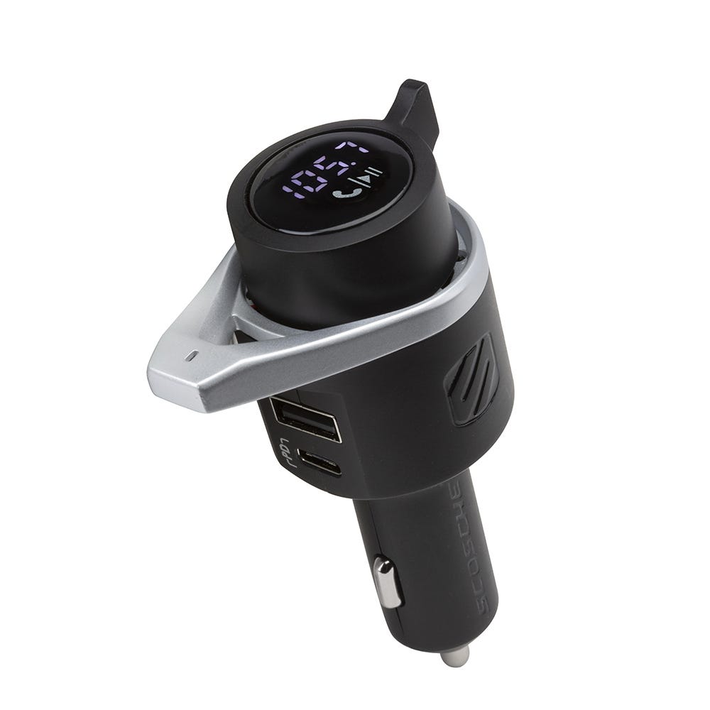 silver car charger fm transmitter bluetooth hands free smartphone with USBc and USB connectors with display in car