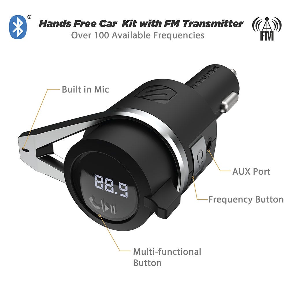 Hands free car kit with FM transmitter. Over 100 available frequencies. Features built in mic AUX port frequency button multi-functio n button