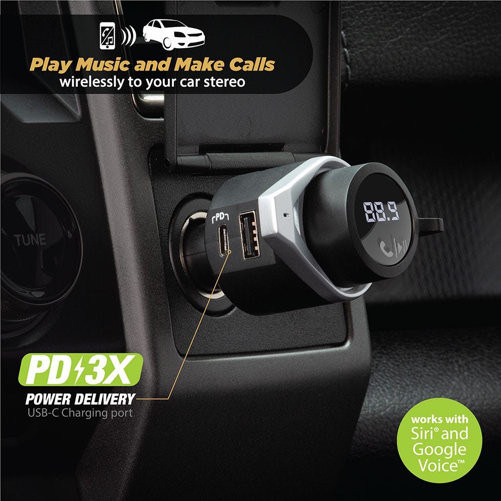Play music and make calls wirelessly to your car stereo. PD 3X Power Delivery USB-C charging port. Works with Siri and Google Voice
