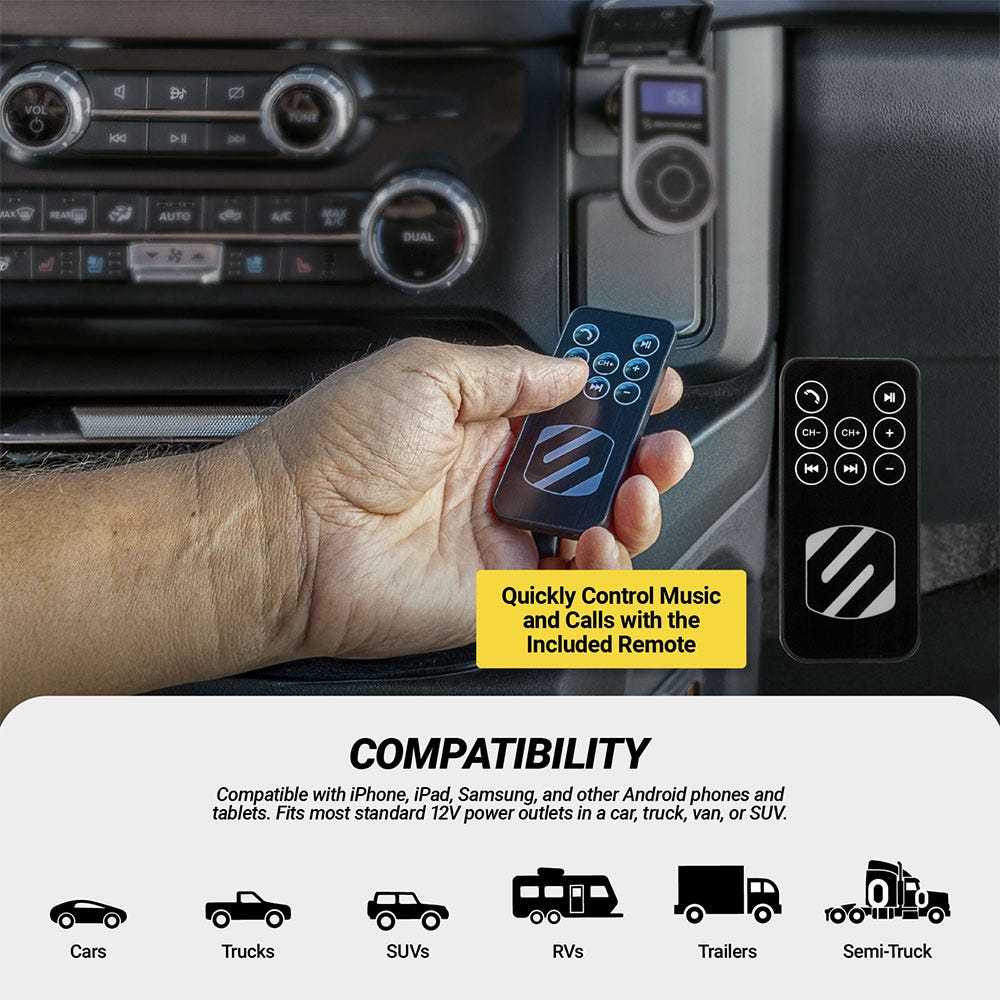 Quickly Control Music and Calls with the Included Remote. Compatible with iPhone iPad Samsung and other Android phones and tablets. Fits most standard 12V power outlets in a car truck van or SUV. Cars Trucks SUVs RVs Trailers Semi-Truck
